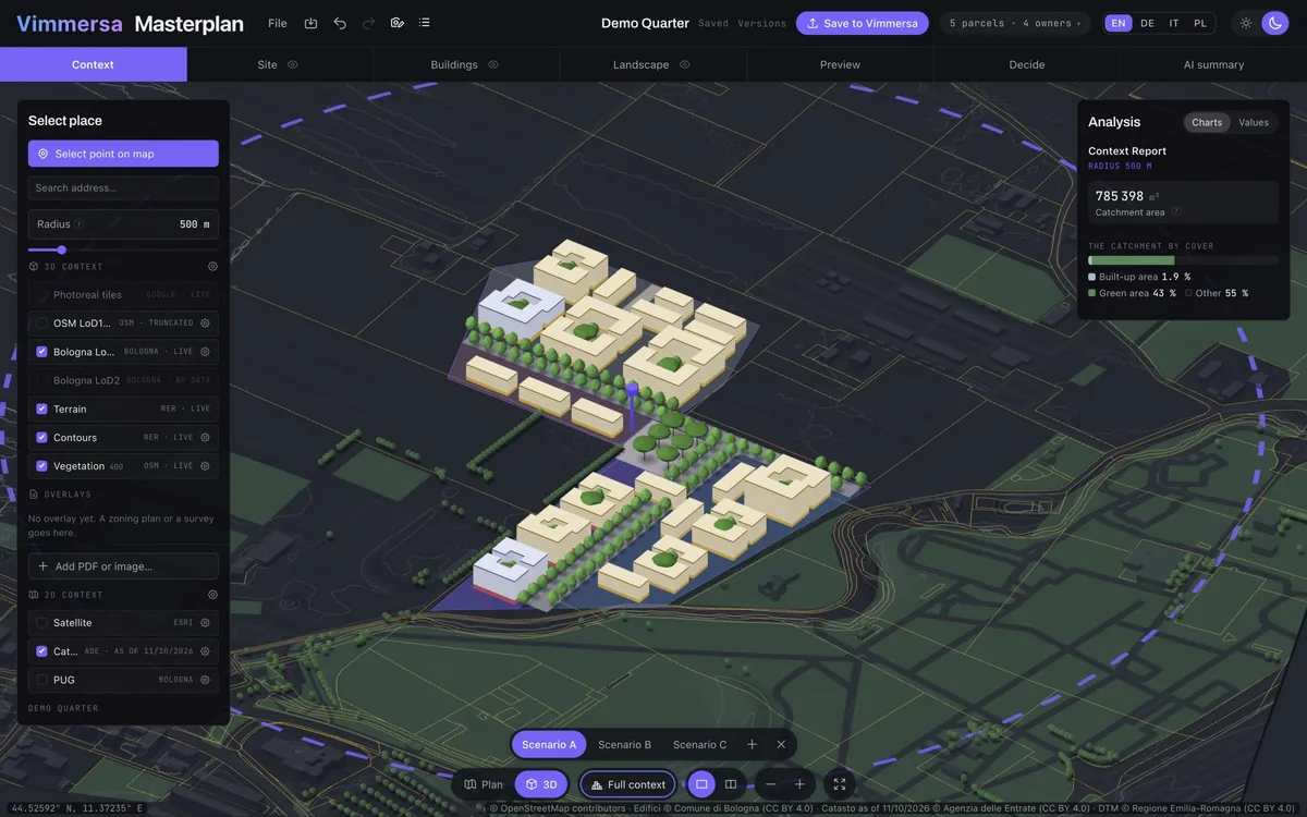 Vimmersa Masterplan, Context stage: the site in 3D on official building and terrain data, with data layers on the left and the context report on the right.