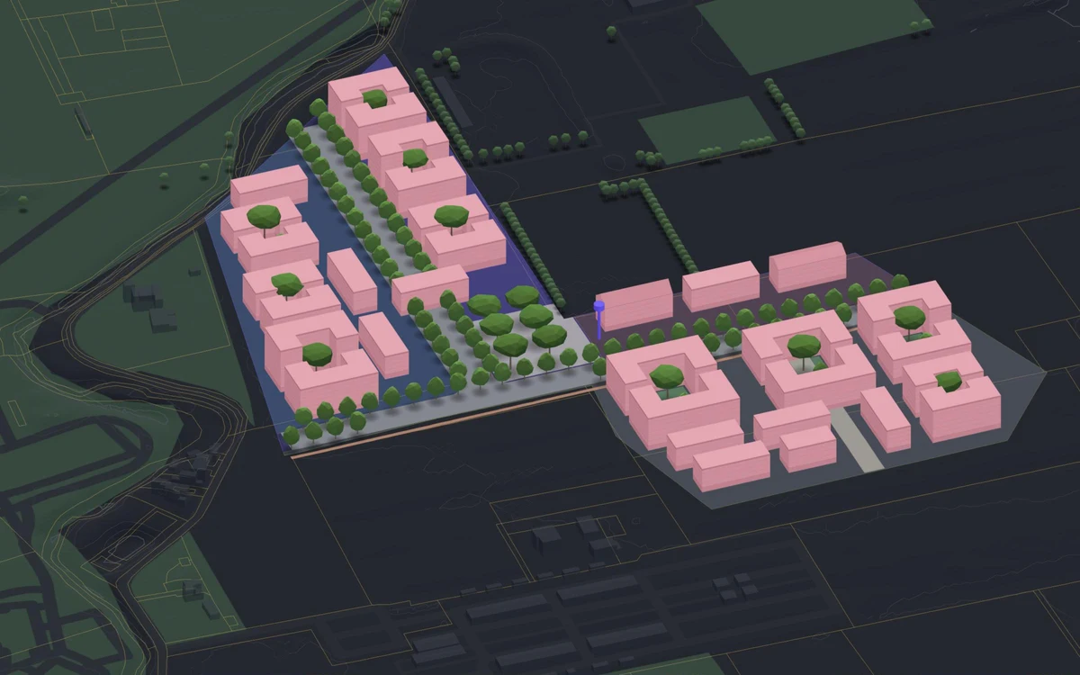 Scenario A in 3D: courtyard blocks along a tree-lined boulevard and a square.